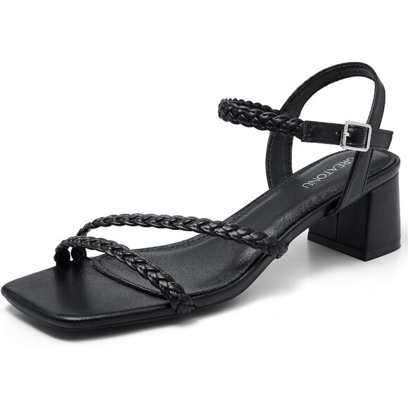 Women's Black Sandals 1.97 inch Low Chunky Block Heels Square Open Toe w Strap - Picture 1 of 7